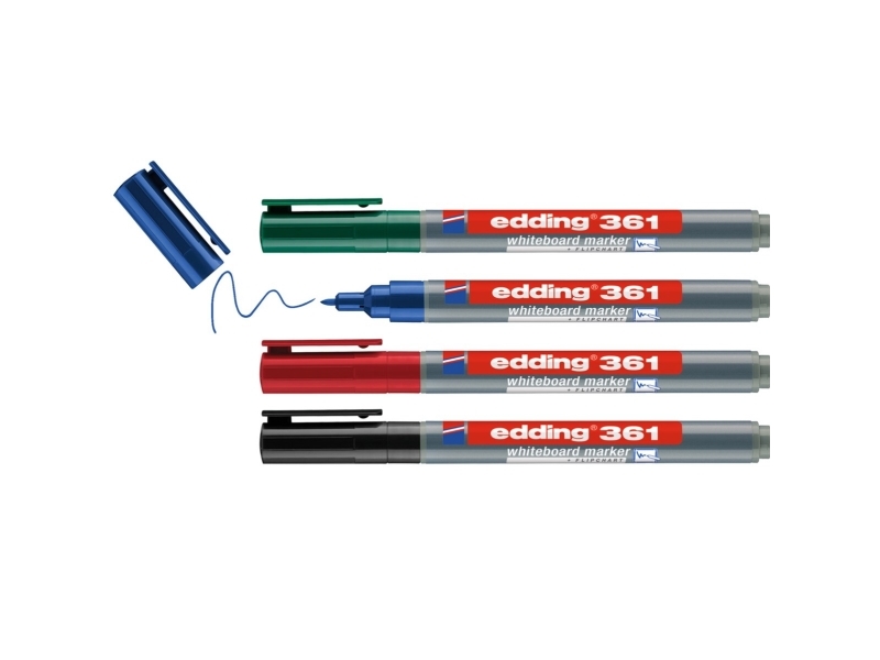 Edding 361 Whiteboard, 4 stk, Sort, Blå, Grøn, Rød, Projektilspids, Plast, Rund, 1 mm