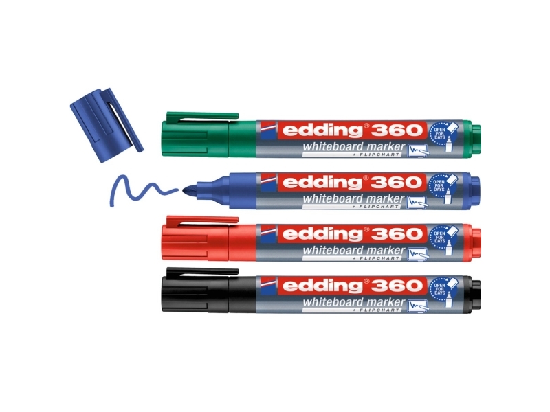 Edding 360 Whiteboard, 4 styck, Svart, Blå, Grön, Röd, Rundad spets, Plast, 1,5 mm, 3 mm | Skrivredskap - Märkpennor - Whiteboard pennor | GameStuff