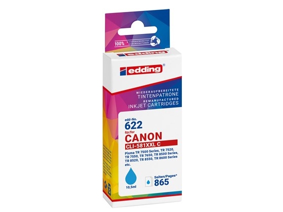 Edding Edd-622 Druckerpatrone, Cyan Kompatibel Zu Canon Cli-581Xxlc, Cyan, 10,5 Ml, 1 Stück(E), 865 Seiten, Einzelpackung