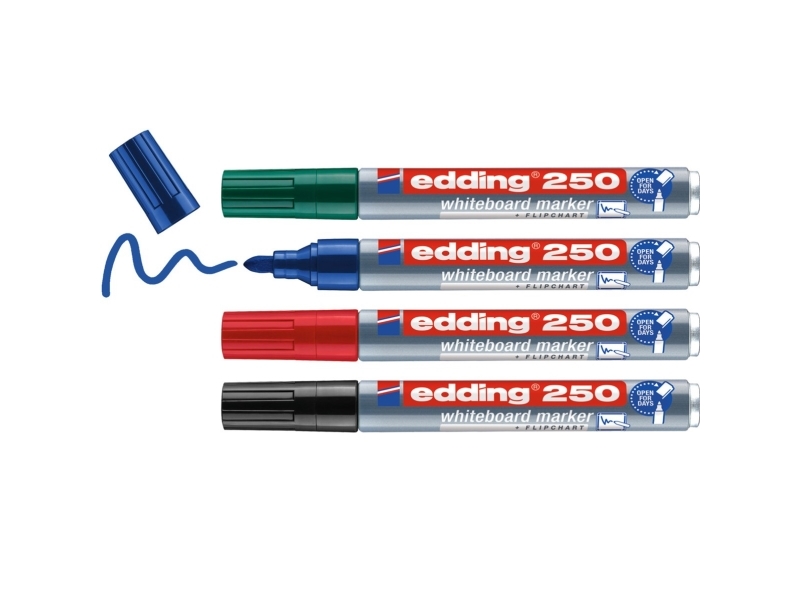 Edding 250 Whiteboard, 4 Stk, Sort, Blå, Grøn, Rød, Projektilspids, Aluminium, Rund, 1,5 Mm