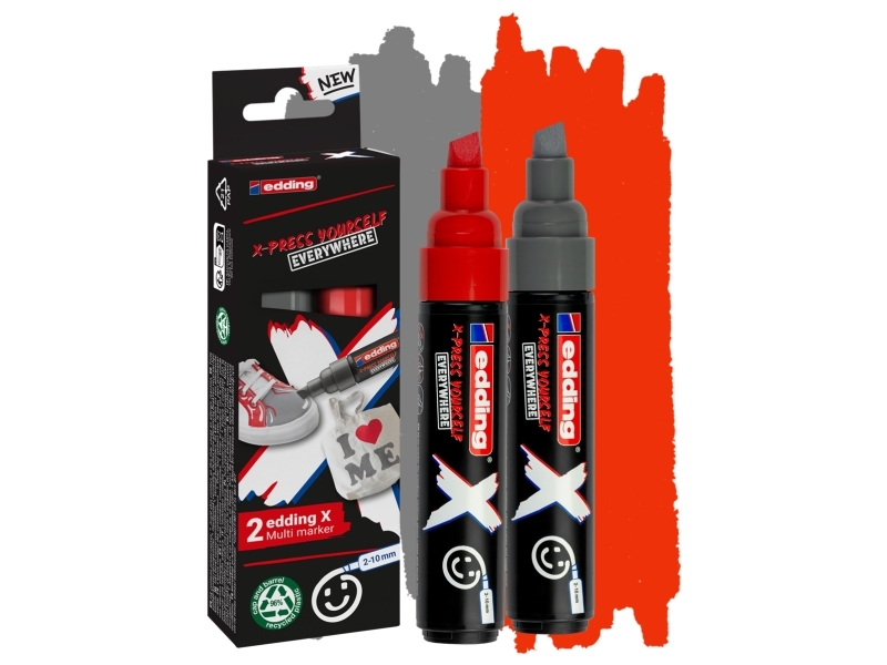 Edding 6900 X Multimarker 2Er Set Yay Grey, Keilspitze 2-10 Mm, Meißel, Grau, Rot, Recycelbarer Kunststoff, Holz/Laminat, 2 Mm, 1 Cm
