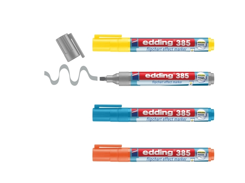 Edding 385 Flipchart, 4 Stk, Blå, Orange, Sølv, Gul, Penselspids, Plast, Rund, 1 Mm