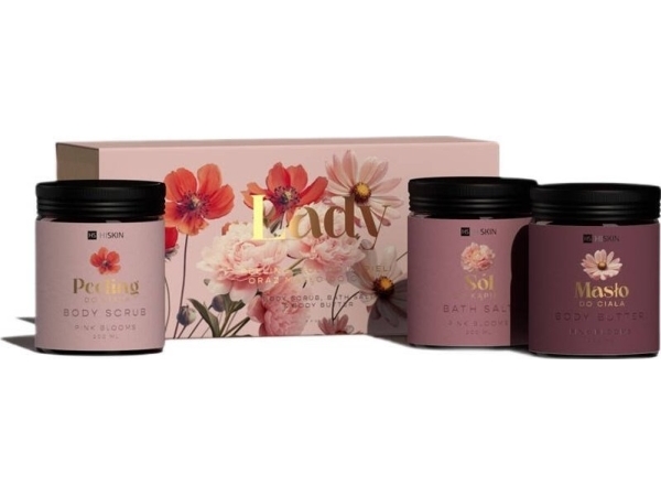 HiSkin Lady Flowers sæt til bad 200 ml + peeling til kroppen 200 ml + body butter 200 ml