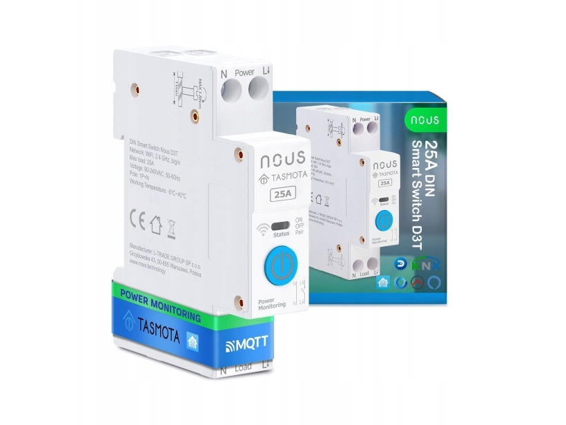 NOUS D3T DIN smart switch 25A med Tasmota (ESP32)