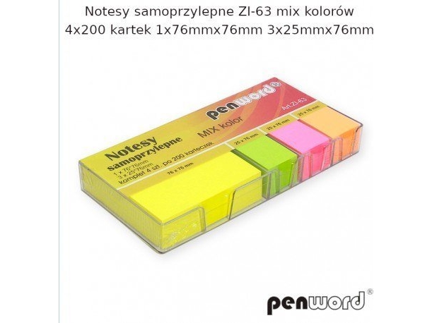 Selbstklebende Notizblöcke Zi-63 Mix Colour 4X200 Cards 1X76mmx76mm 3X25mmx76mm