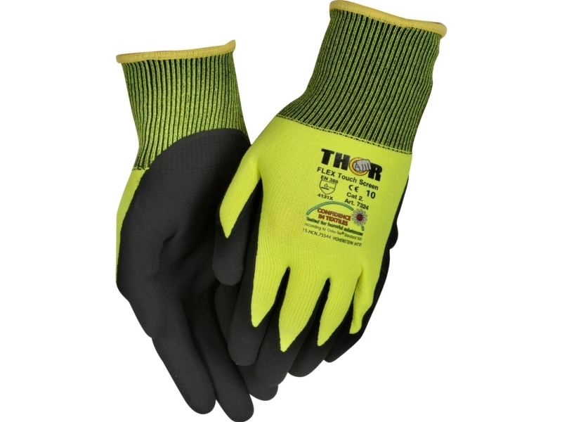 Nitrilhandschuh, Fingerbeschichtet, Thor Flex Touch Screen, Größe 7, Schwarz, Nitril/Polyester