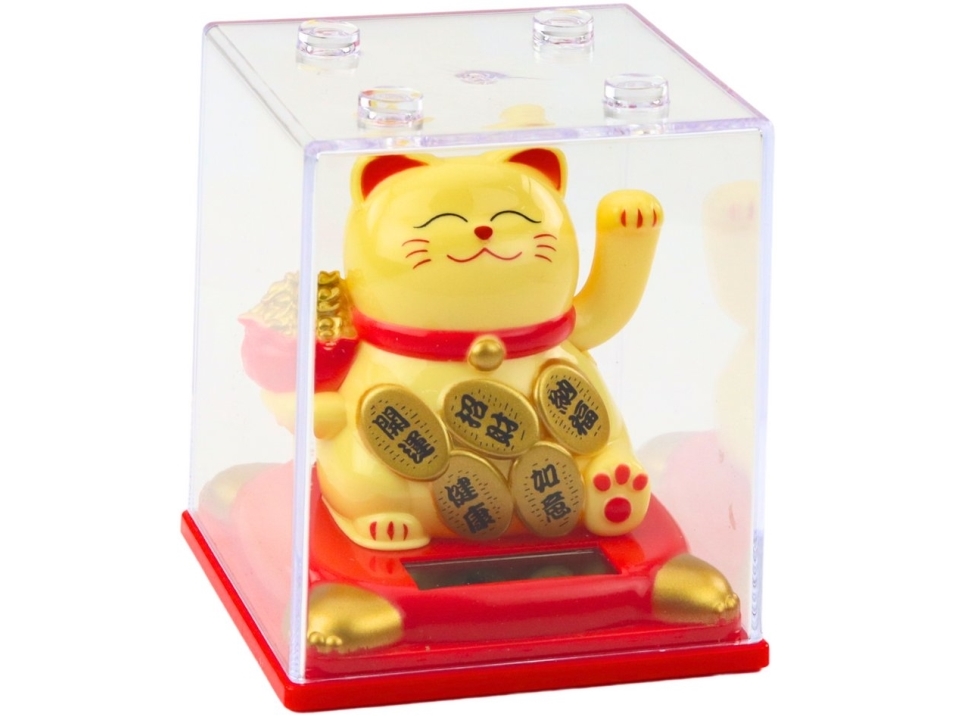 Chinesische Glückskatze In Einem Schaukasten Solar Figur Ornament Beige