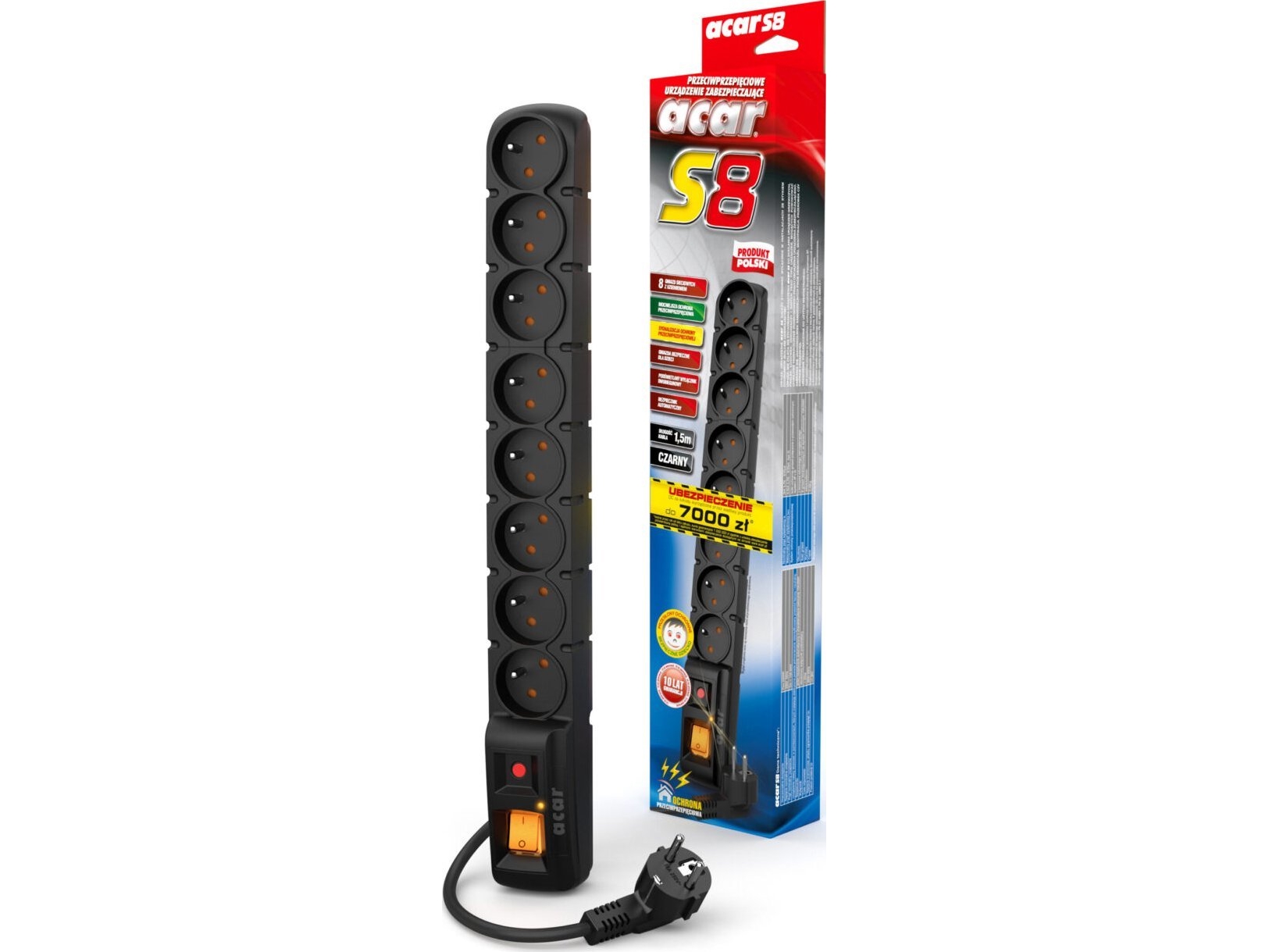 Acar S8 8-Stik Strømskinne 1,5 M Sort (W0147)