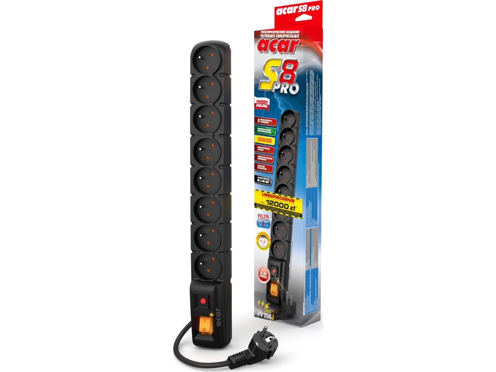 Acar S8 Pro 8-Stik Strømskinne 5 M Sort (W0144)
