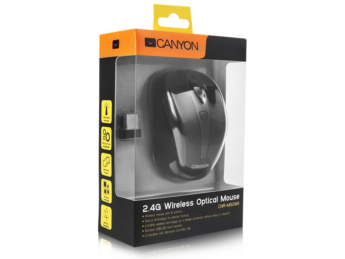 Canyon Cnr-Msow06b, Optical, Rf Wireless, 1600 Dpi, Black