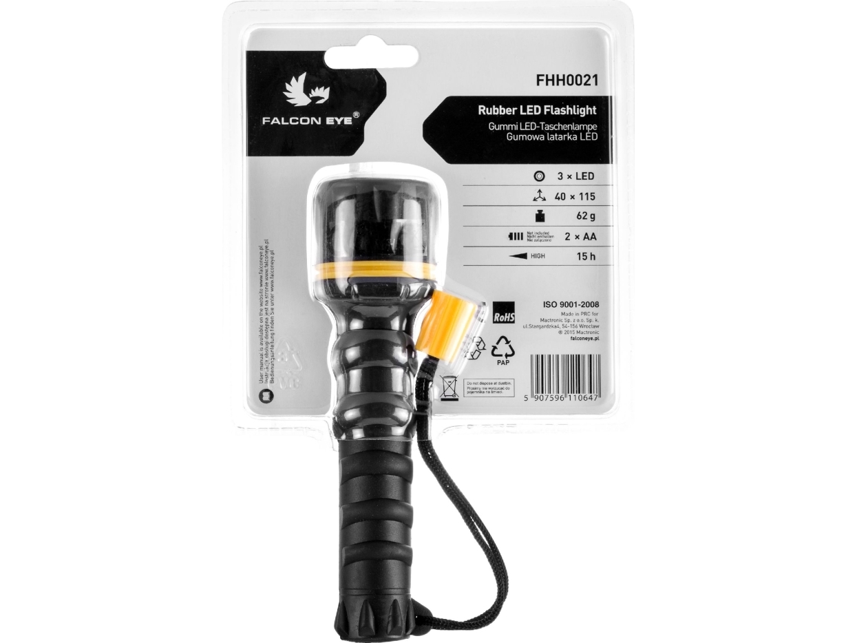 Falcon Eye lommelygte gummibelagt, batteridrevet, håndholdt LED (FHH0021)