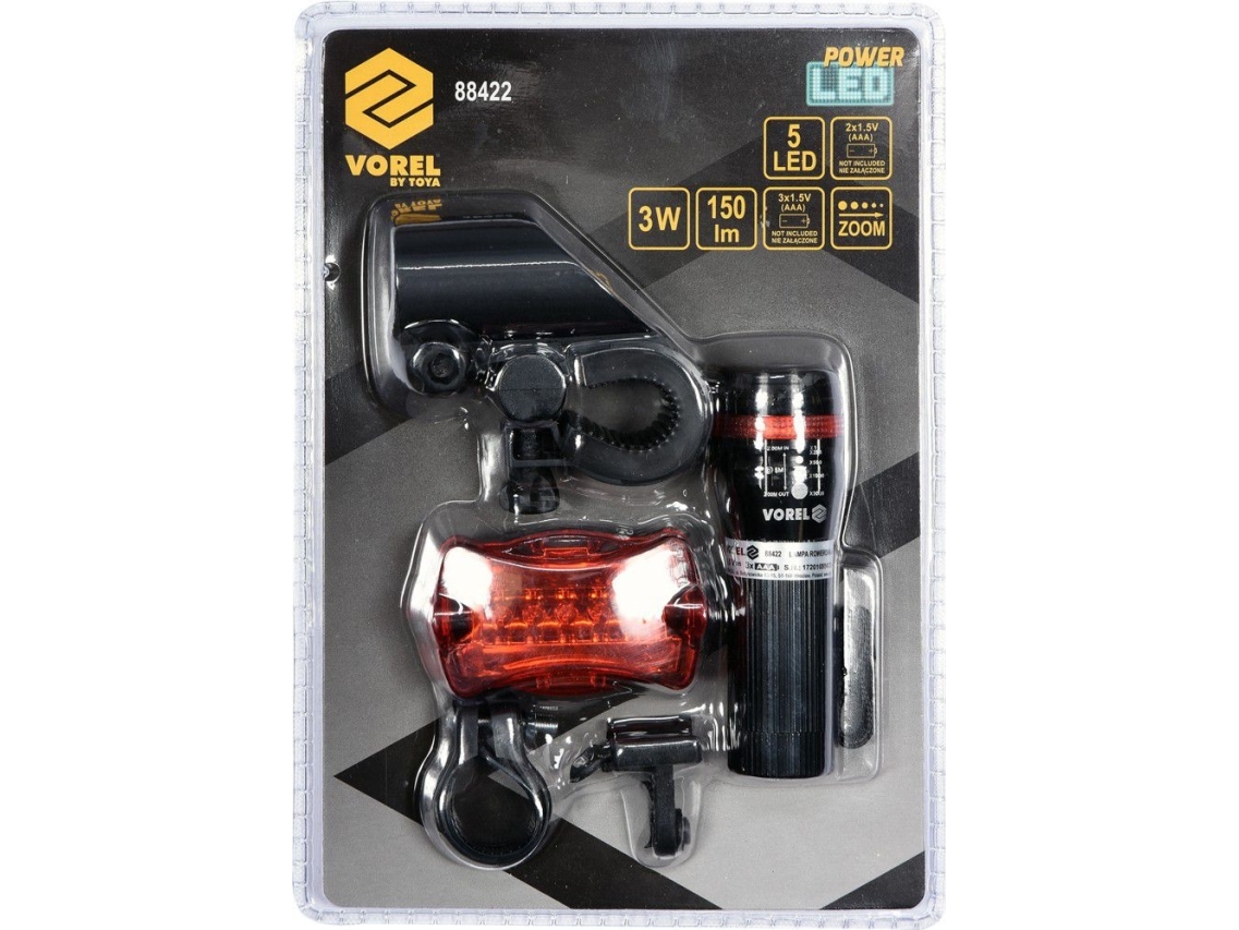 Vorel Bike Lamp Front + Rear Set 3W 5 Led 150Lm 3 X 1.5V Aaa + 2 X 1.5V Aaa Zoom (88422)