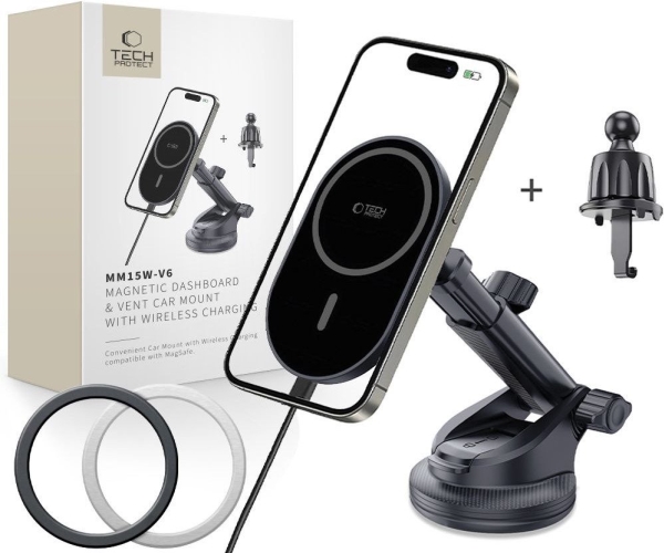Autohalterung Für Cockpit / Windschutzscheibe / Kühlergrill Mit 15W Ladegerät + 2X Magnetplatten Tech-Protect Mm15w-V6 Magnetic Magsafe Dashboard &Am