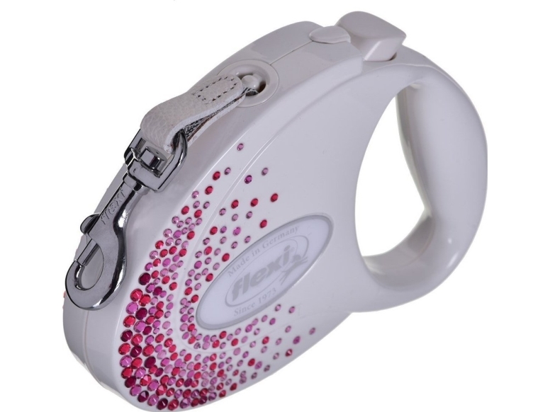 FLEXI Glam Splash Pink Swarovski-kristalleilla M - Fleksibel hundesnor - 5 m - hvid
