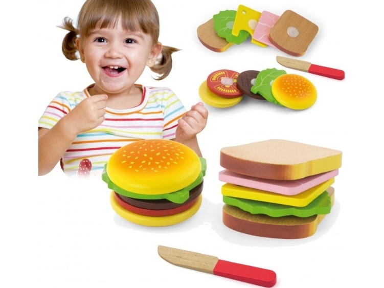 Viga Žaislas - Virtuvės įranga - Pjaustymo rinkinys su hamburgeriu ir sumuštiniu | Leksaker - Rollek - Leksakskök och mat | GameStuff