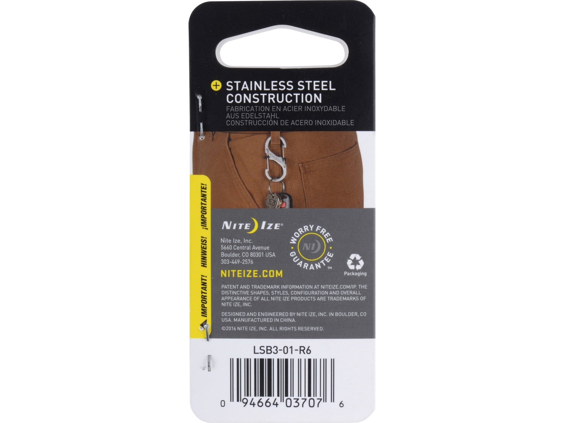 Nite Ize karabinhage S-Biner SlideLock #3 rustfrit stål sort-LSB3-01-R6