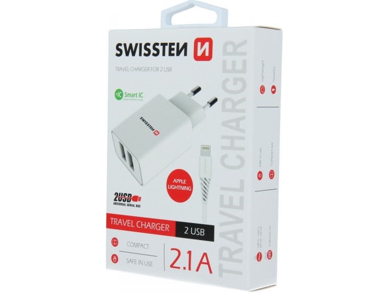 Swissten Charger Swissten Smartic 2Xusb 2.1A Charger + 1.2M Iphone Lightning Cable White