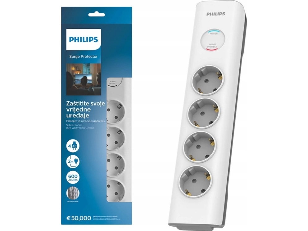 "Philips Überspannungsschutz Spn7040wa/58, 4 Steckdosen, 2 M Netzkabel, 600 Joule Überspannungsschutz