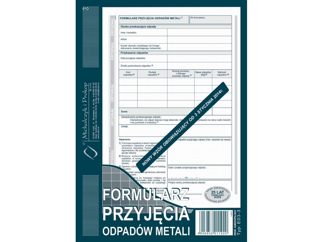 Michalczyk &Amp Prokop Modtagelsesformular For Metalaffald E03-3 |