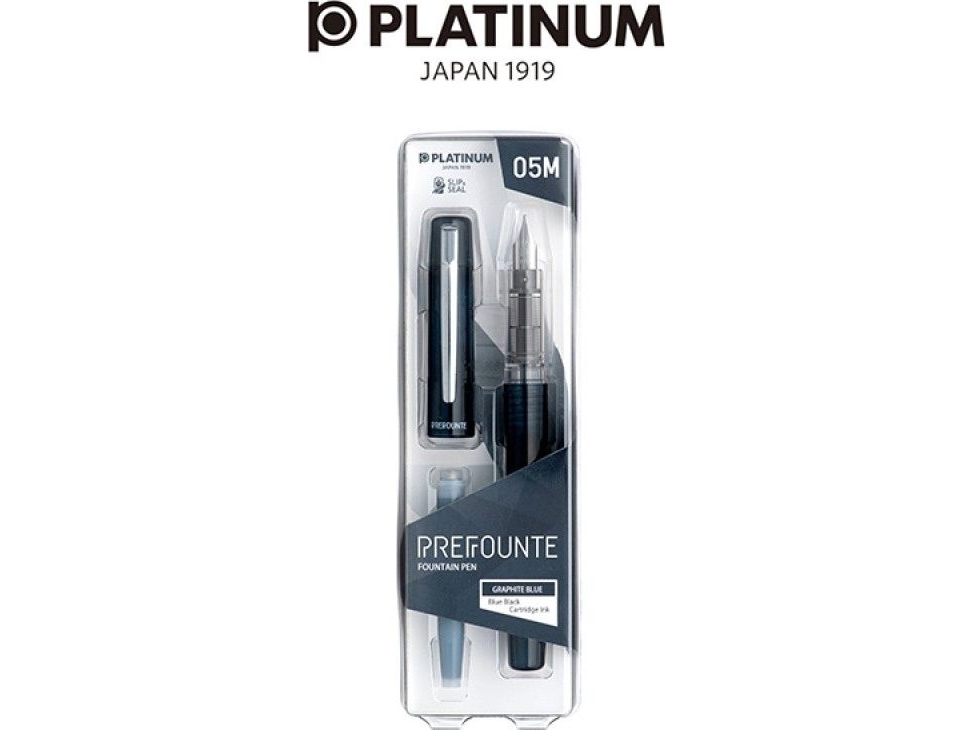 Platinum Prefounte Graphite Blue täytekynä, M, muovipakkauksessa, läpipainopakkauksessa, laivastonsininen