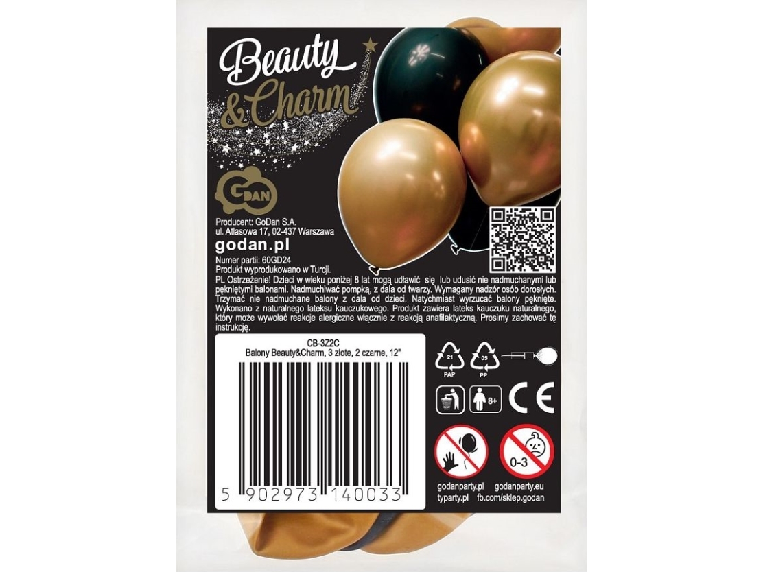 Godan Balony Beauty&Charm, 3 Złote, 2 Sort, 12"