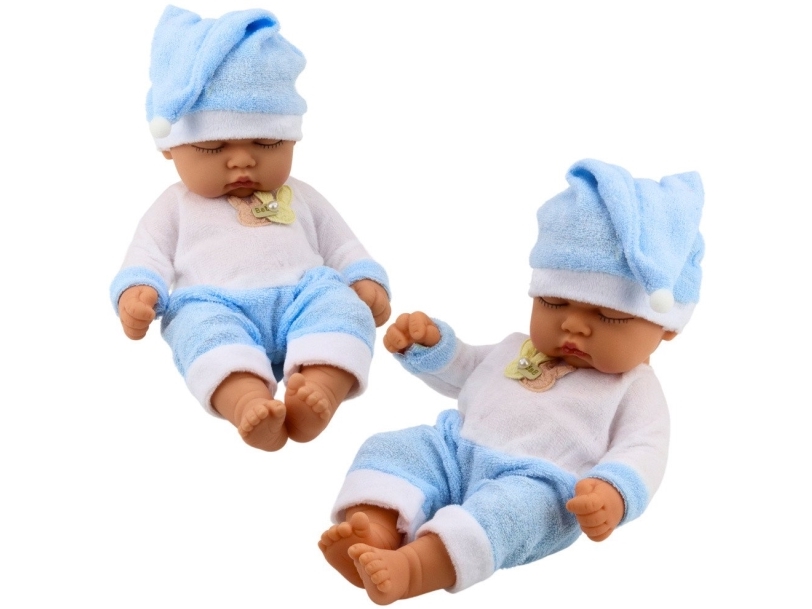 Schlafende Babypuppe Im Blauen Pyjama Mütze Mit Bommel