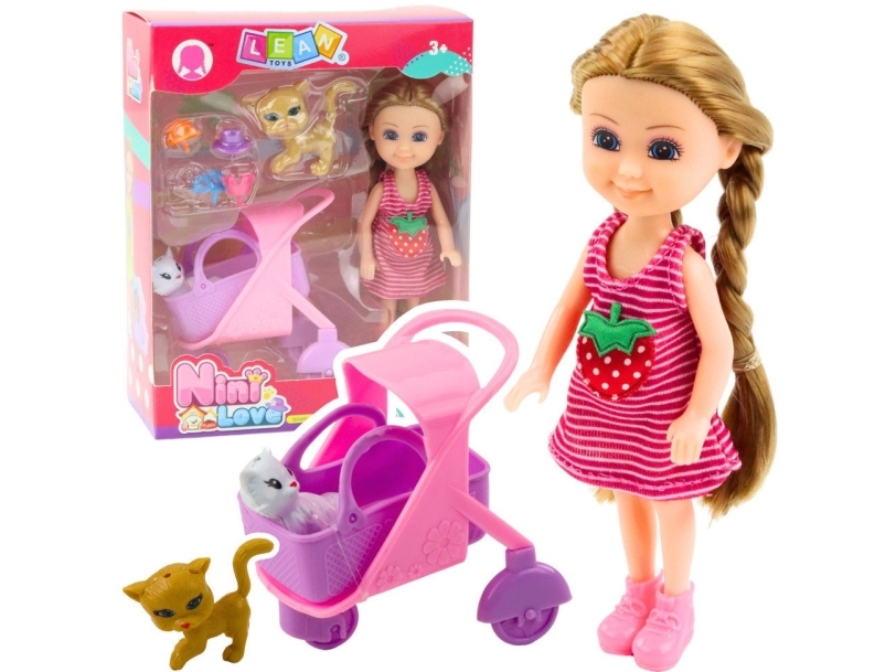 LeanToys mini dukke med tilbehør, vogn katte sæt, lyserød