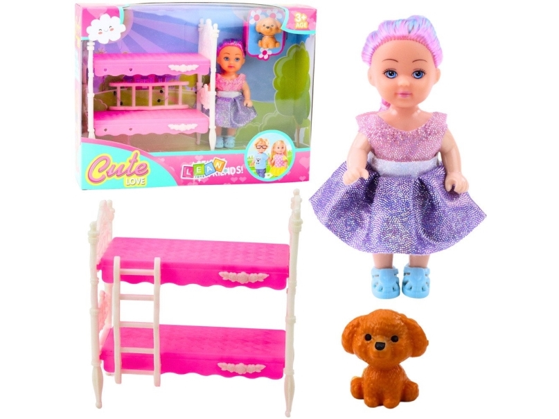 Lean Toys Lėlė su dviaukšte lova ir šuneliu