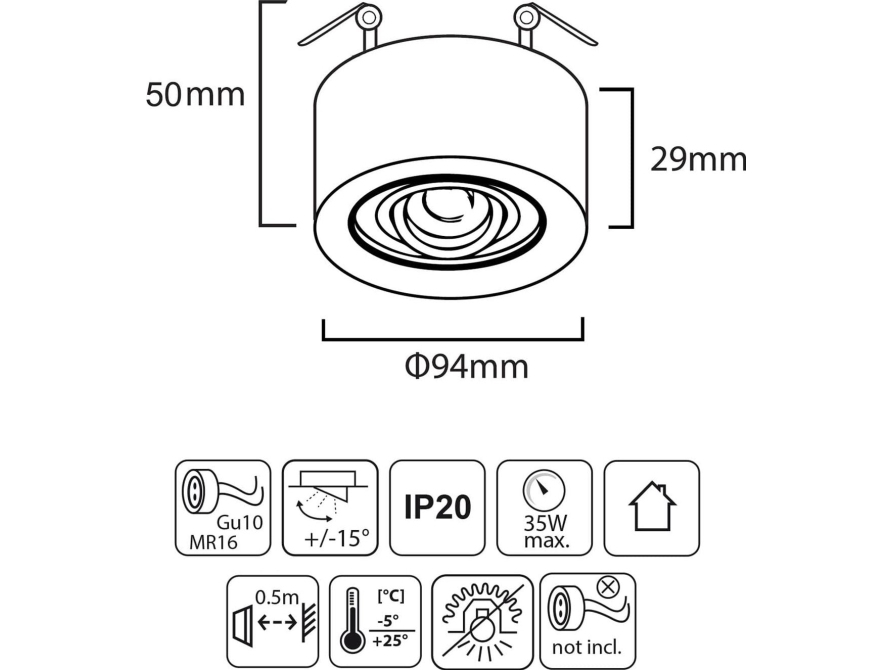 Maclean Loftspot, Til Mr16/Gu10-Lyskilder, Sort Farve, 94X32mm, Rund, Aluminium, Mce462 B