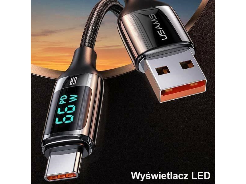 USAMS pintas kabelis U78 USB-C 1.2m LED 6A Fast Charging Juodos spalvos SJ544USB01 (US-SJ544)