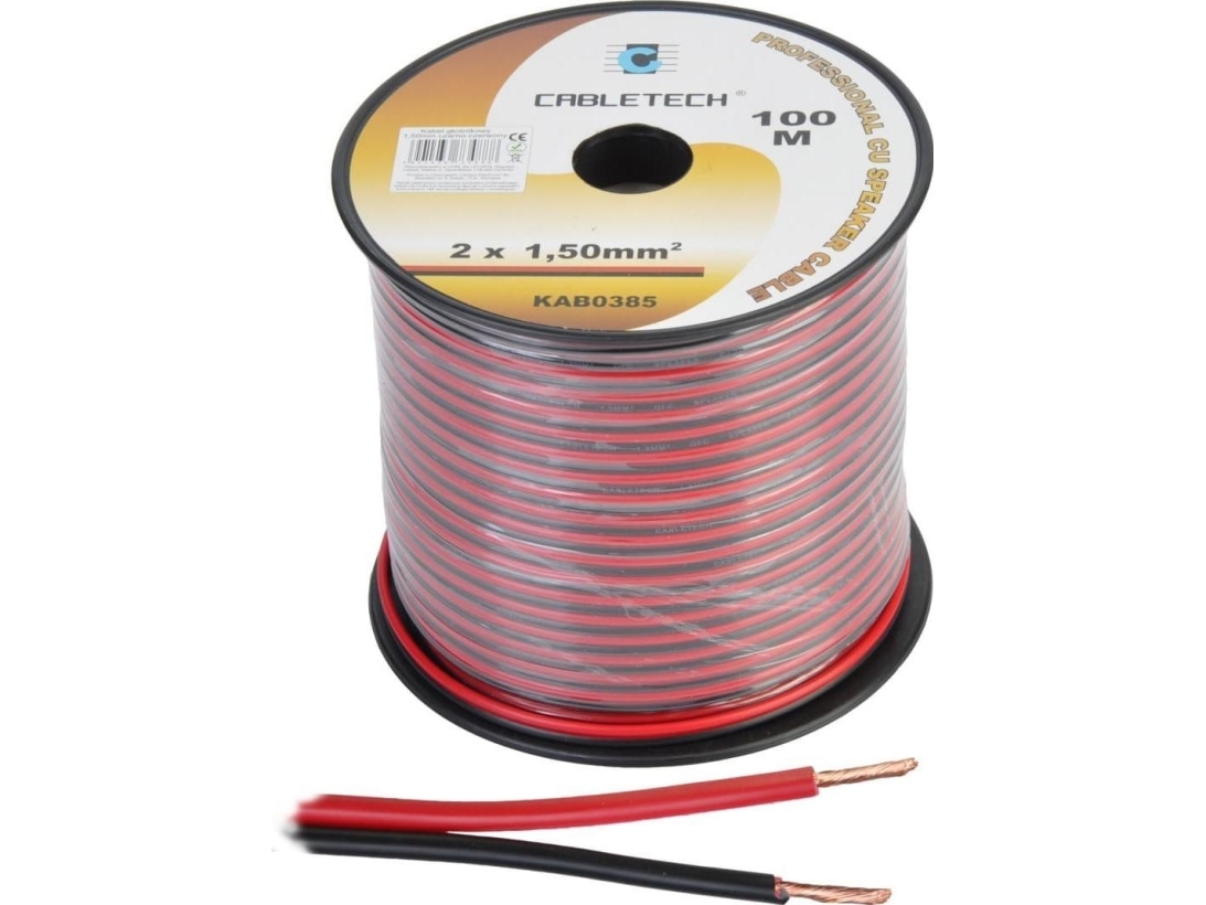 CABLETECH KAB0385 højttalerkabel 2×1,50 mm² - sort/rød, 100 m