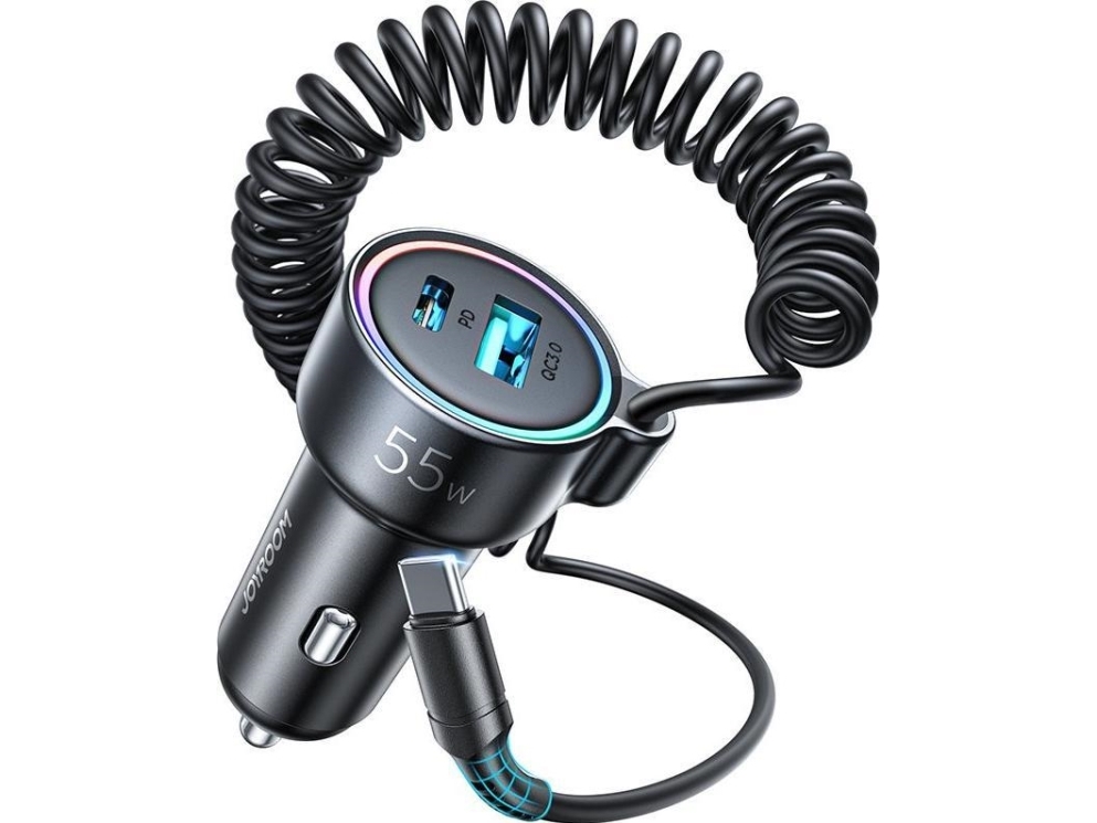 Automobilinis įkroviklis Joyroom JR-CL07 3-in-1 USB/Type-C 55W + Type-C 1.5m juodas