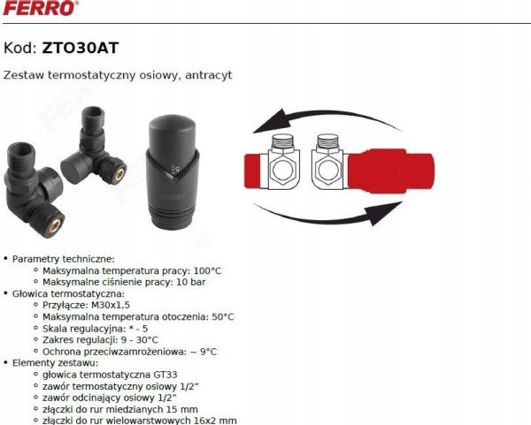 Ferro Termostatisk Aksial, Sort + Stik Cu Fi15 Og Pex 16X2