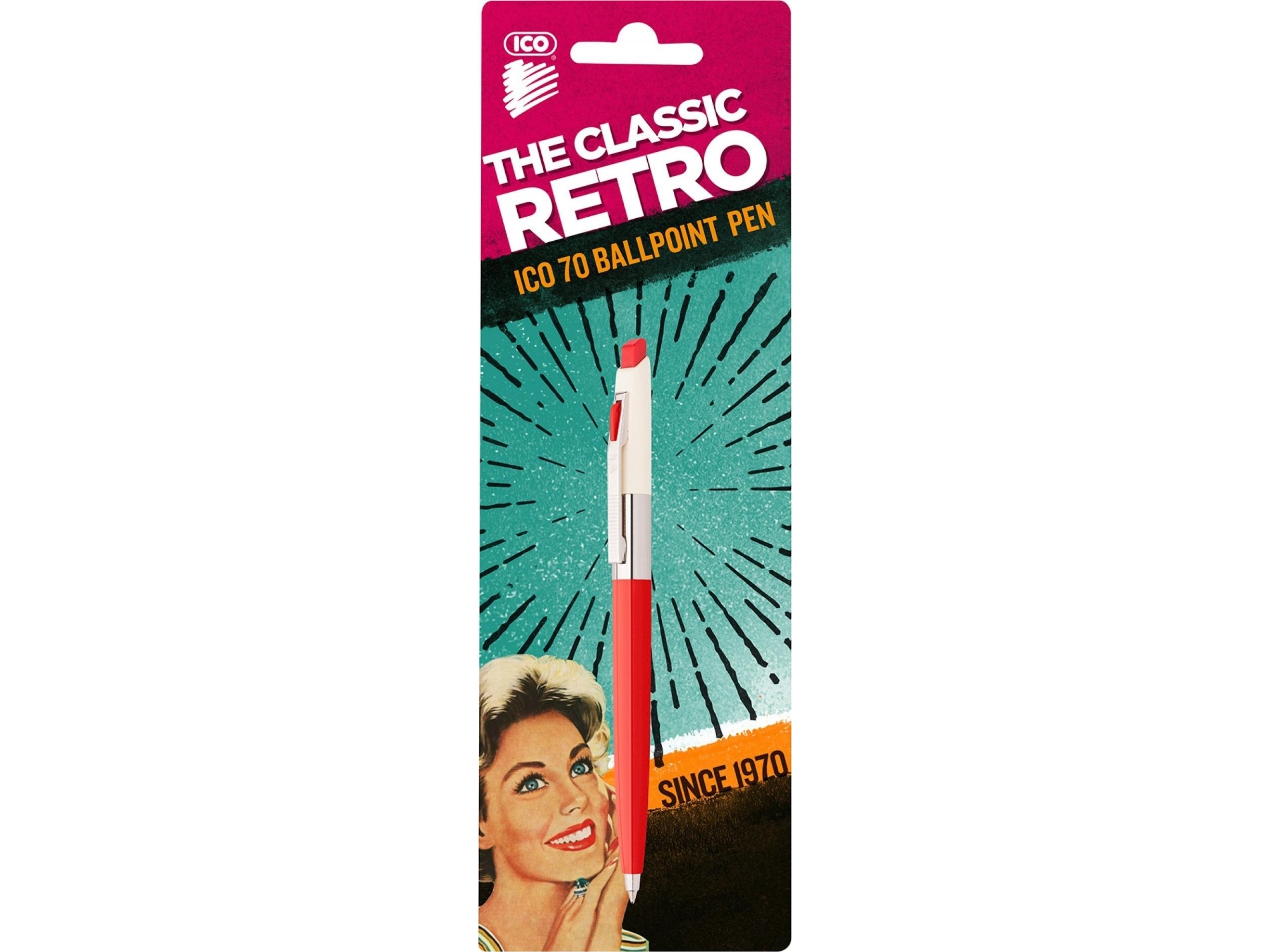 ICO Retro 70'er automatisk kuglepen, blister, blå blækrefill, farvemix