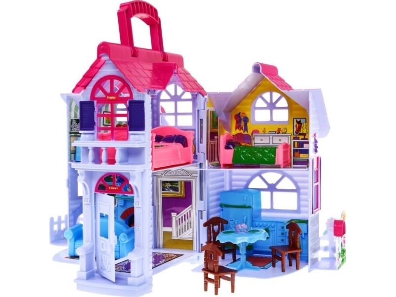 Fold-ud-børnehus 3+ lilla + familiefigurer + hund + møbler + 2 etager