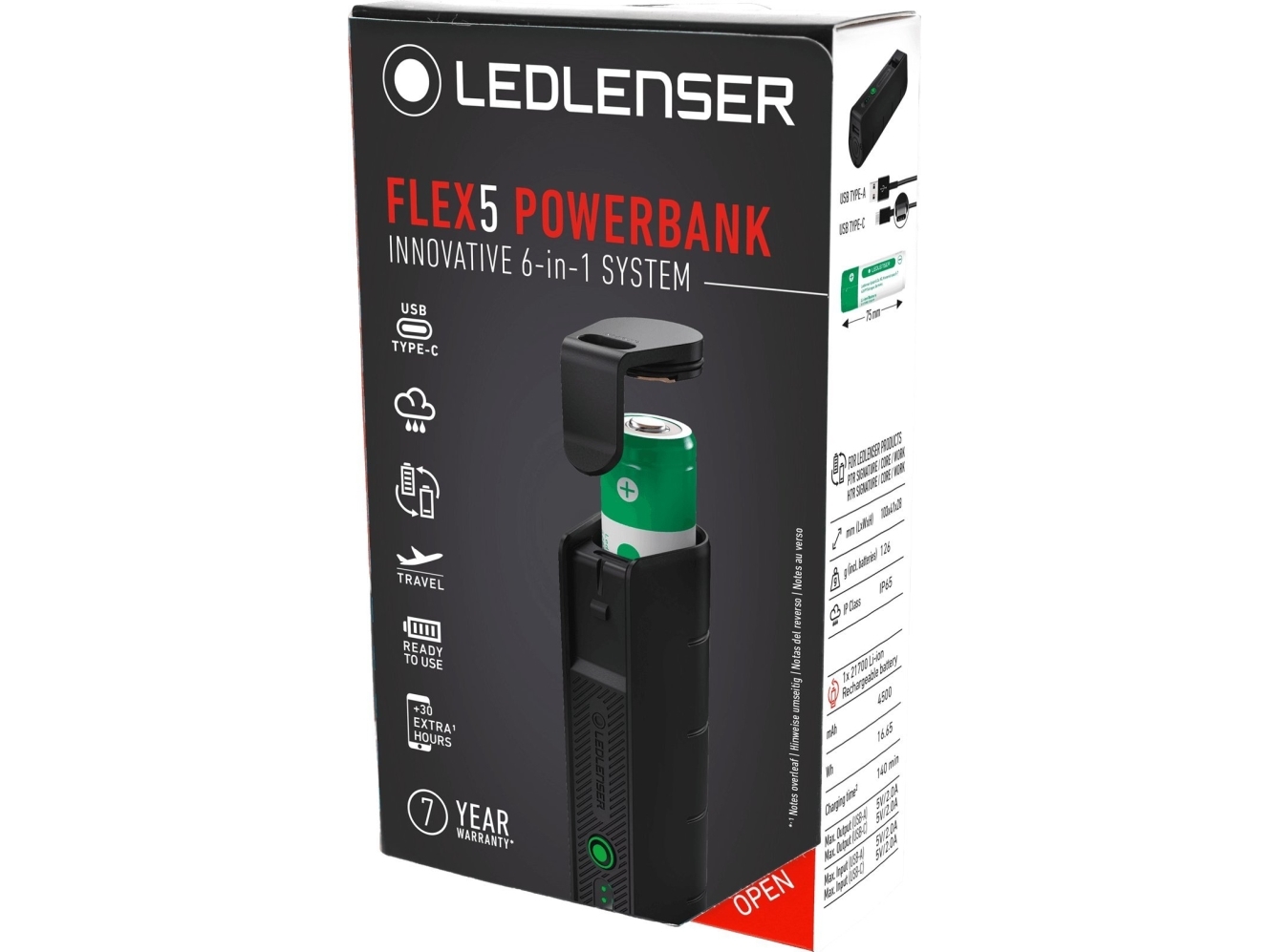 Ledlenser Flex5 Powerbank genopladelig inkl. 1 stk. 21700 batterier 4500 mAh