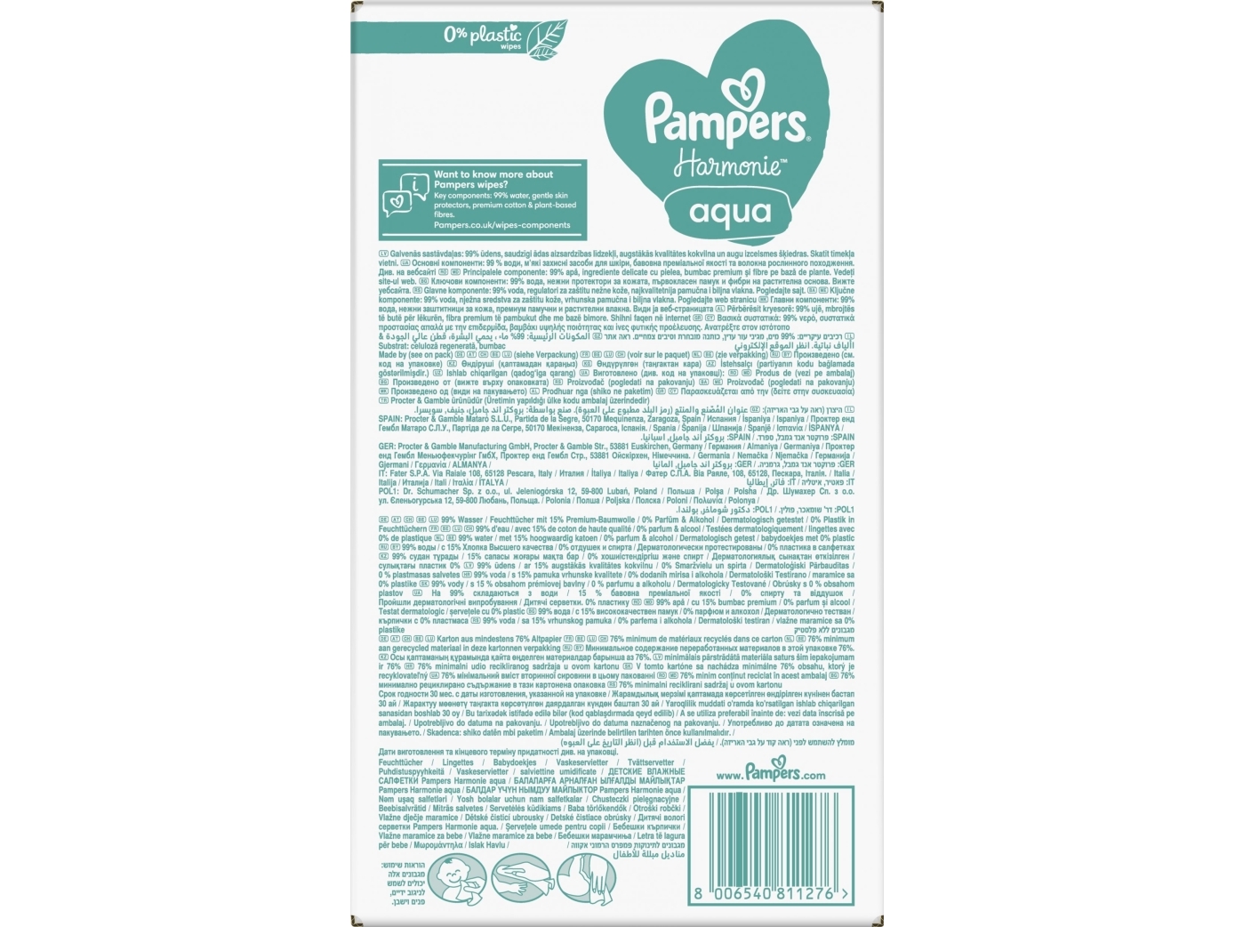 Pampers Harmonie Aqua vådservietter 0% plast 24x48 stk.