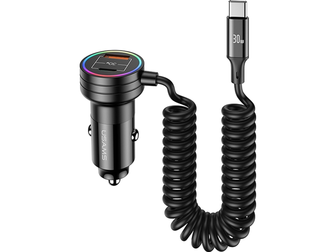 Usams billaddare med fjäderkabel USAMS 2xUSB-C 1xUSB-A C33 60W svart CC167CC01 (US-CC167)