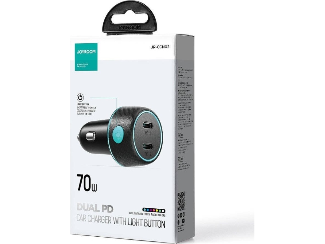 Joyroom biloplader Joyroom JR-CCN02 2x USB-C 70W LED sort billede