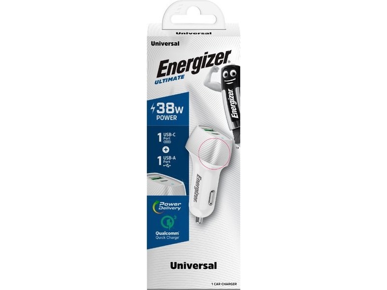 Energizer Ultimate - Usb-C &Amp Usb-A 38W Pd + Qc3.0 Biloplader (Hvid/Sølv)