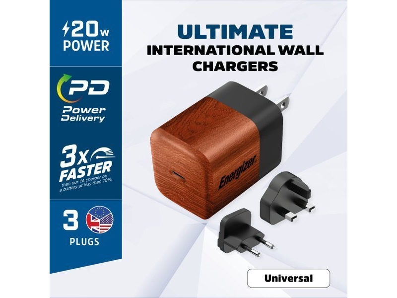 Energizer Ultimate - Multiplug Eu / Uk / Us Gan 20W Pd Netoplader (Valnøddetræ)