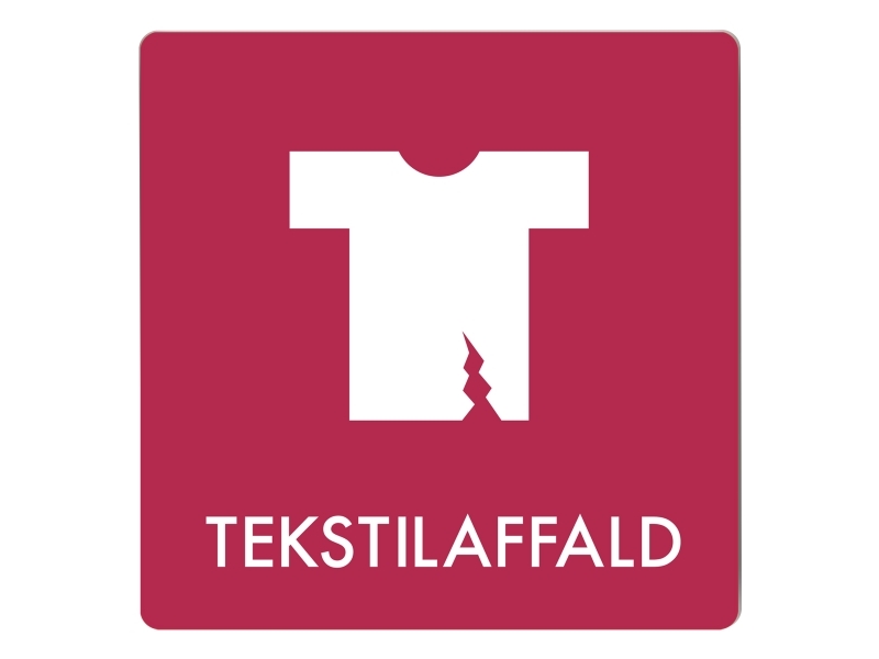 Skilt affaldspiktogram TEKSTILAFFALD 12x12 cm, aluminium, bordeaux/hvid