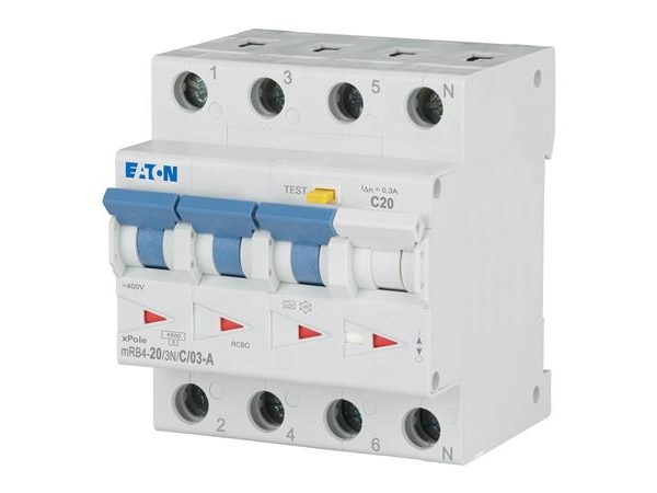 EATON Combi-kytkin - RCBO 20A Laukaisuvirta 300mA, C-ominaisuus, tyyppi A, 3-napainen + nolla, leveys 72 mm