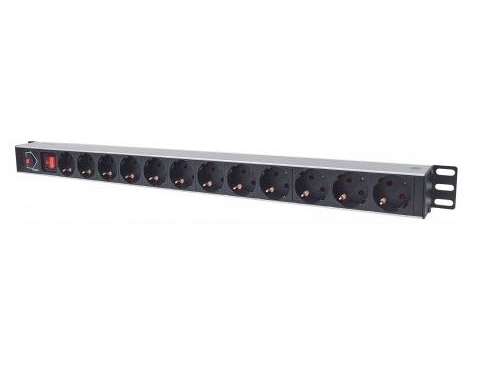 Intellinet 12-Fach Steckdosenleiste, Schutzkontakt, Vertikale Rackmontage, Überlastschalter, Netzschalter, 1,6 M Stromkabel, 1U, Horizontal, Aluminiu