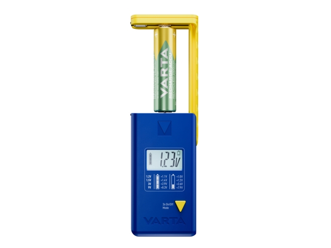 Varta LCD Battery Tester, 9v, AA, AAA, C, D, Alkaline, Lithium-Ion (Li-Ion), Nikkel-Metalhydrid (NiMH), Blå, Gul