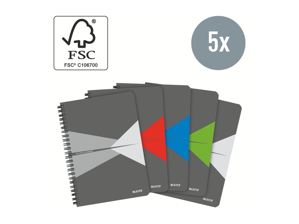 Leitz Office Notesblok A5 Kvadreret, Wireindbundet Med Karton Omslag Assorteret - (5 Stk.)