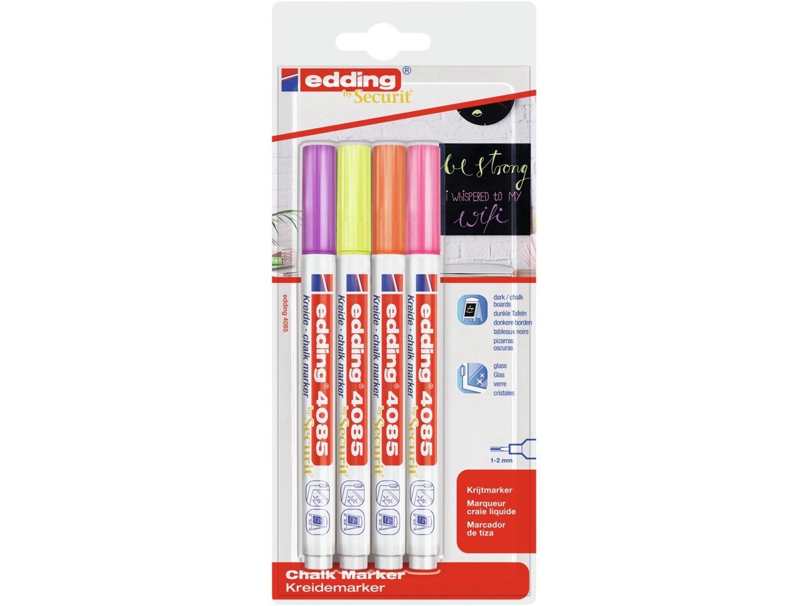 Edding 4085 Neon Set, Orange, Lyserød, Lilla, Gul, Kugle, 4 Stk