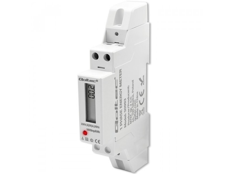 Qoltec enfaset elektronisk energimåler | DIN-skinne | 230V | 30A | LCD | 1P