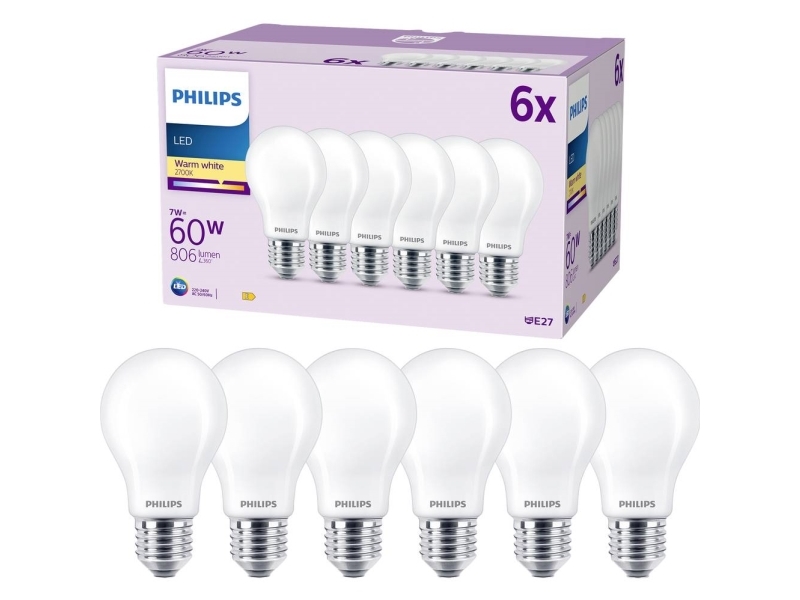 Philips Filament-Lampe Milchglas 60W A60 E27 X6, 7 W, 60 W, E27, 806 Lm, 15000 H, Warmweiß
