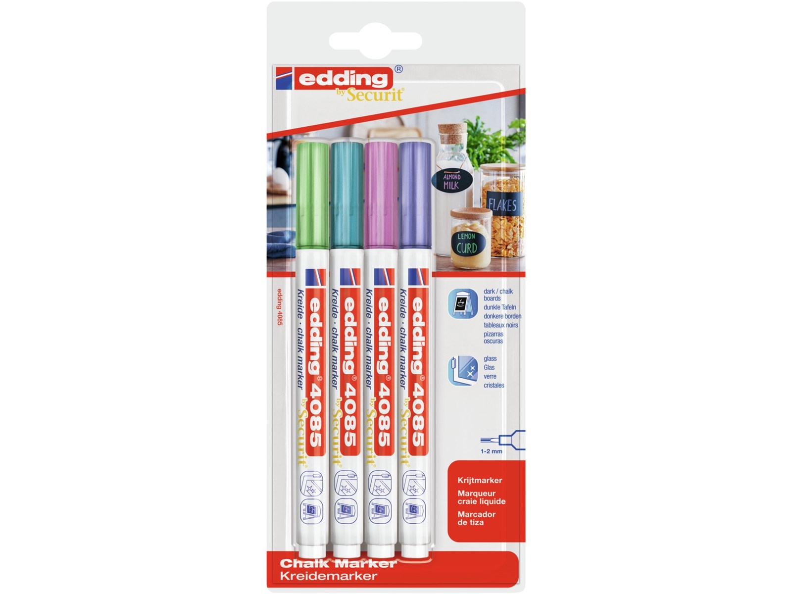 Edding 4085 Metallic Set, Metalblå, Metallisk Grøn, Metallisk Pink, Metallisk Violet, Kugle, 4 Stk